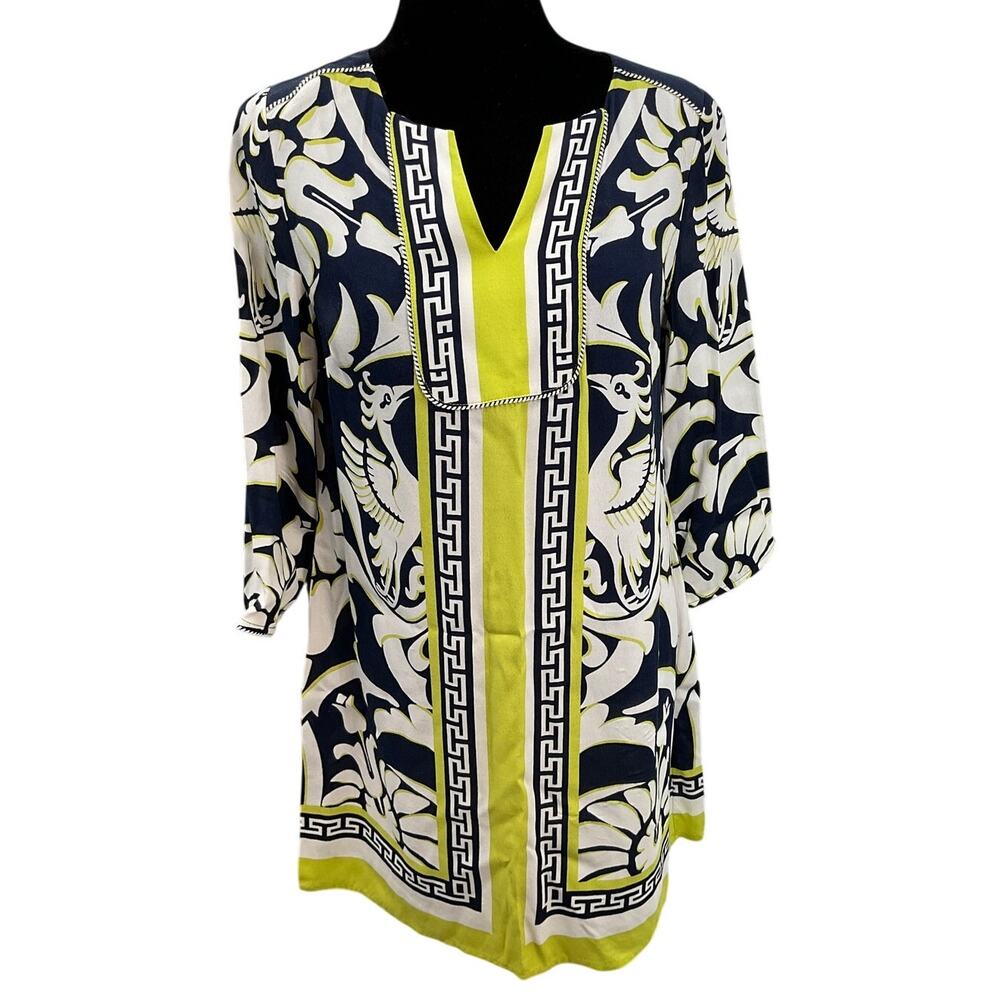 Crown & Ivy Patterned Peasant Tunic Navy Lime 6P Resort Preppy